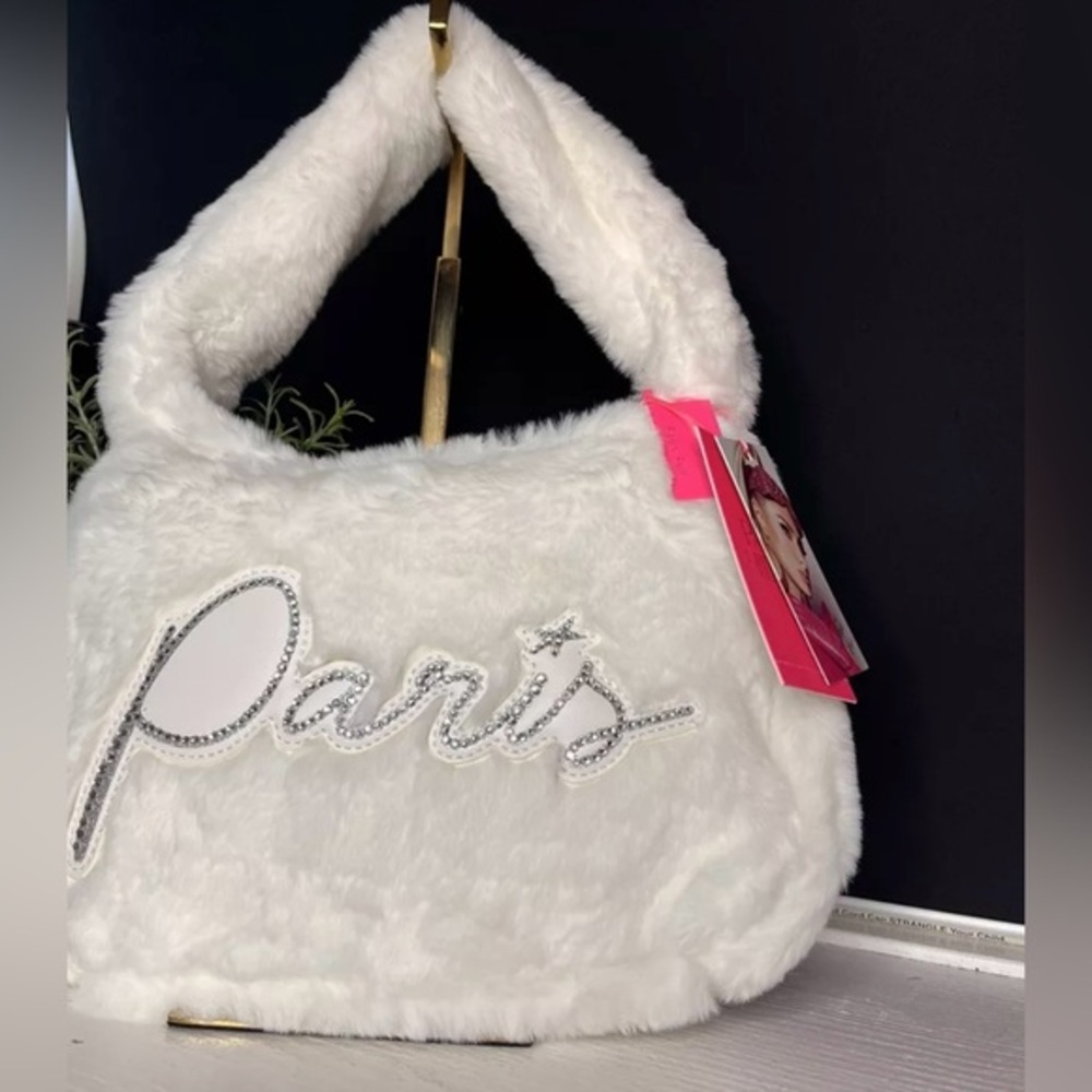 Paris Hilton White Faux Fur Rhinestone Logo Shoulder Bag Y2K NWT